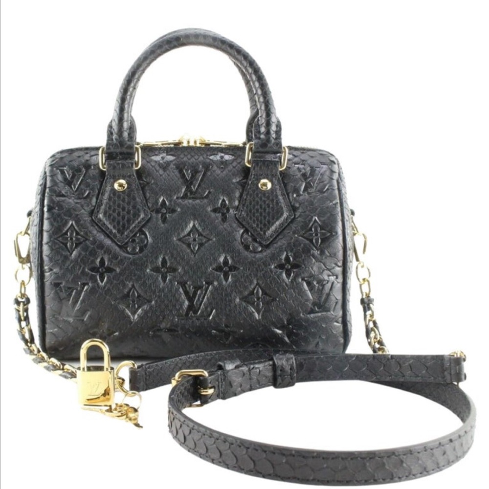 EXTREMELY RARE LOUIS VUITTON BLACK EXOTIC PYTHON SPEEDY 20 WITH GOLD CHAIN